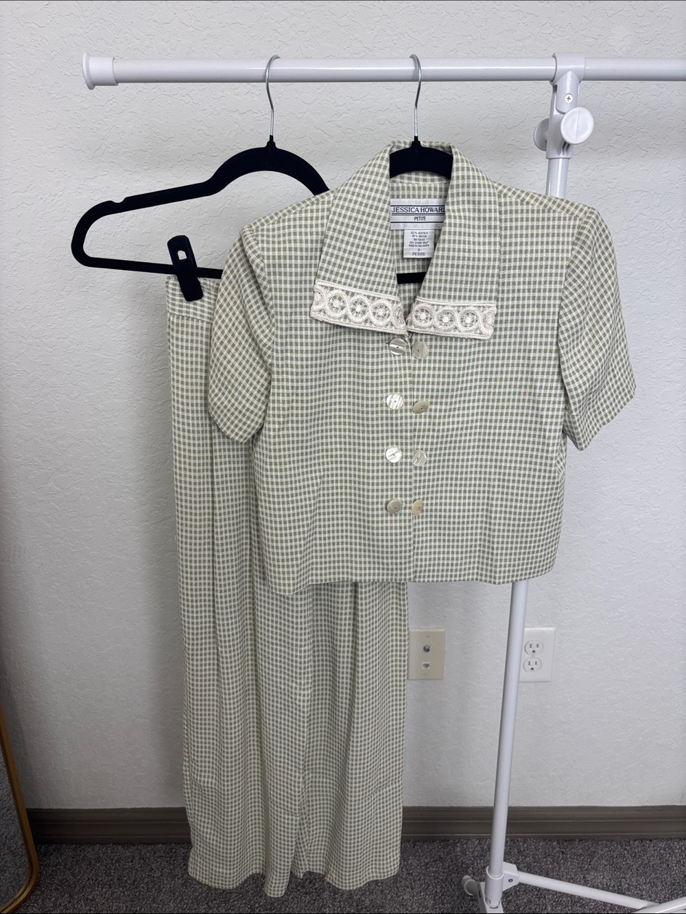 Jessica Howard Petite Vintage Green Check Set with Lace Collar
